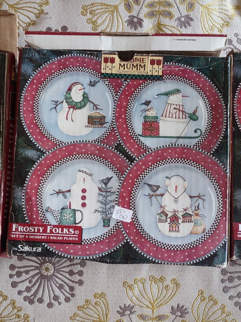 Vintage Sakura "Frosty Folks" Set of 4 Debbie Mumm Stoneware Plates With Snowman